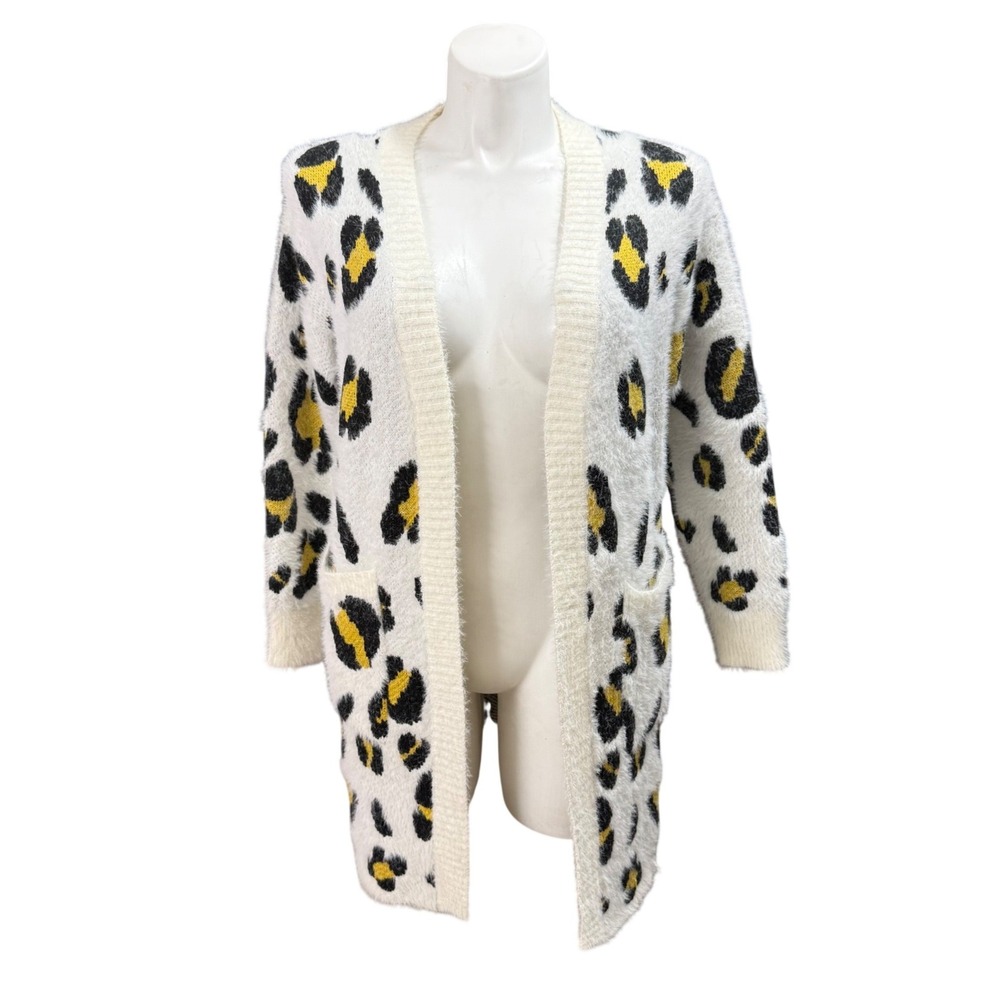 Love In Women Leopard Print Fuzzy Cardigan Sweater Cream Yellow Black M/L J50210